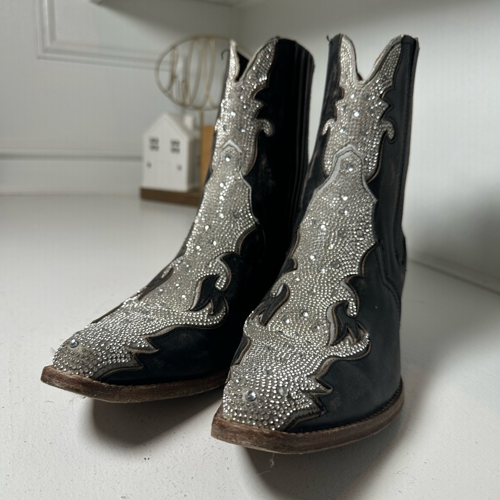 Dan Post Western Ankle Boots Women’s 9.5 Black Leather w/ Silver Inlay Cowboy - Picture 4 of 9